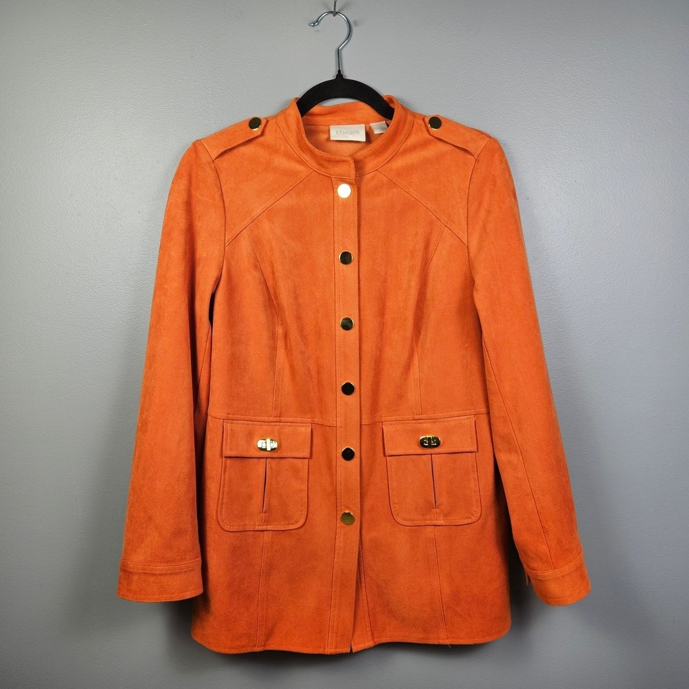 Chico's Women's Small Faux Suede Jacket Burnt Orange Snap Front Stretch